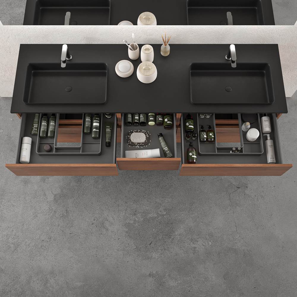 Mueble de baño suspendido DUNE 6 cajones OLMO con encimera SOLID SURFACE 2 senos acabado Negro - Imagen 5