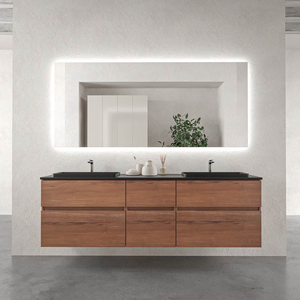 Mueble de baño suspendido DUNE 6 cajones OLMO con encimera SOLID SURFACE 2 senos acabado Negro