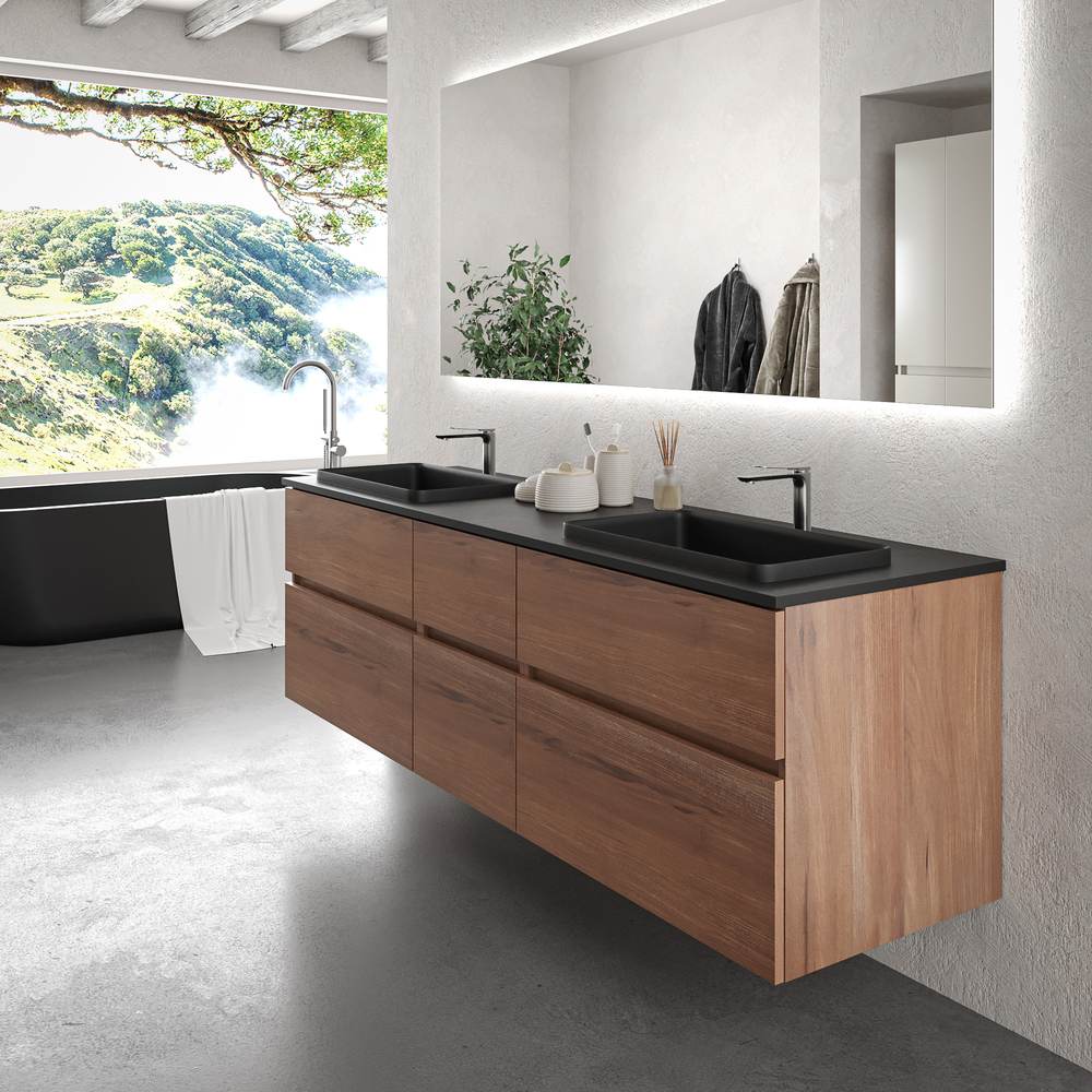 Mueble de baño suspendido DUNE 6 cajones OLMO con encimera SOLID SURFACE 2 senos acabado Negro - Imagen 4