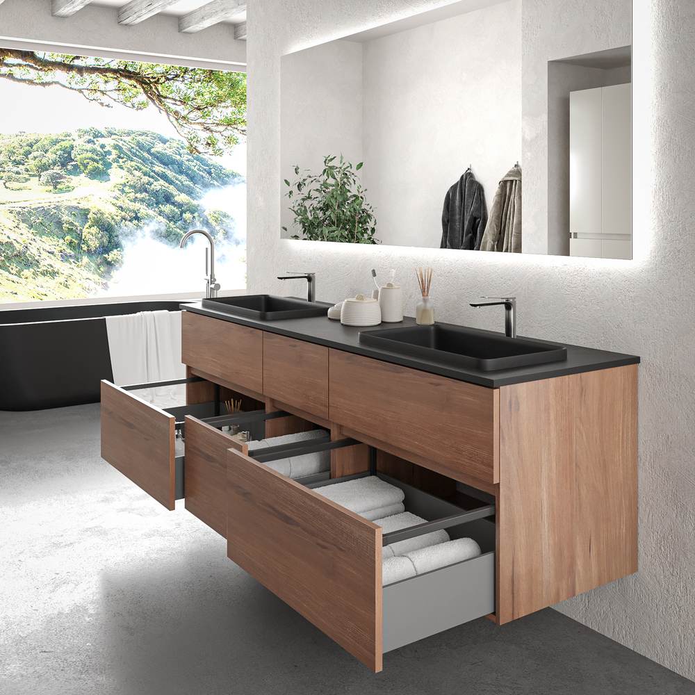 Mueble de baño suspendido DUNE 6 cajones OLMO con encimera SOLID SURFACE 2 senos acabado Negro - Imagen 3