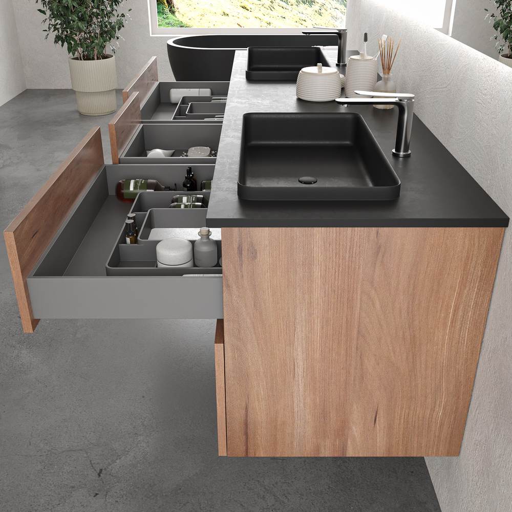 Mueble de baño suspendido DUNE 6 cajones OLMO con encimera SOLID SURFACE 2 senos acabado Negro - Imagen 2