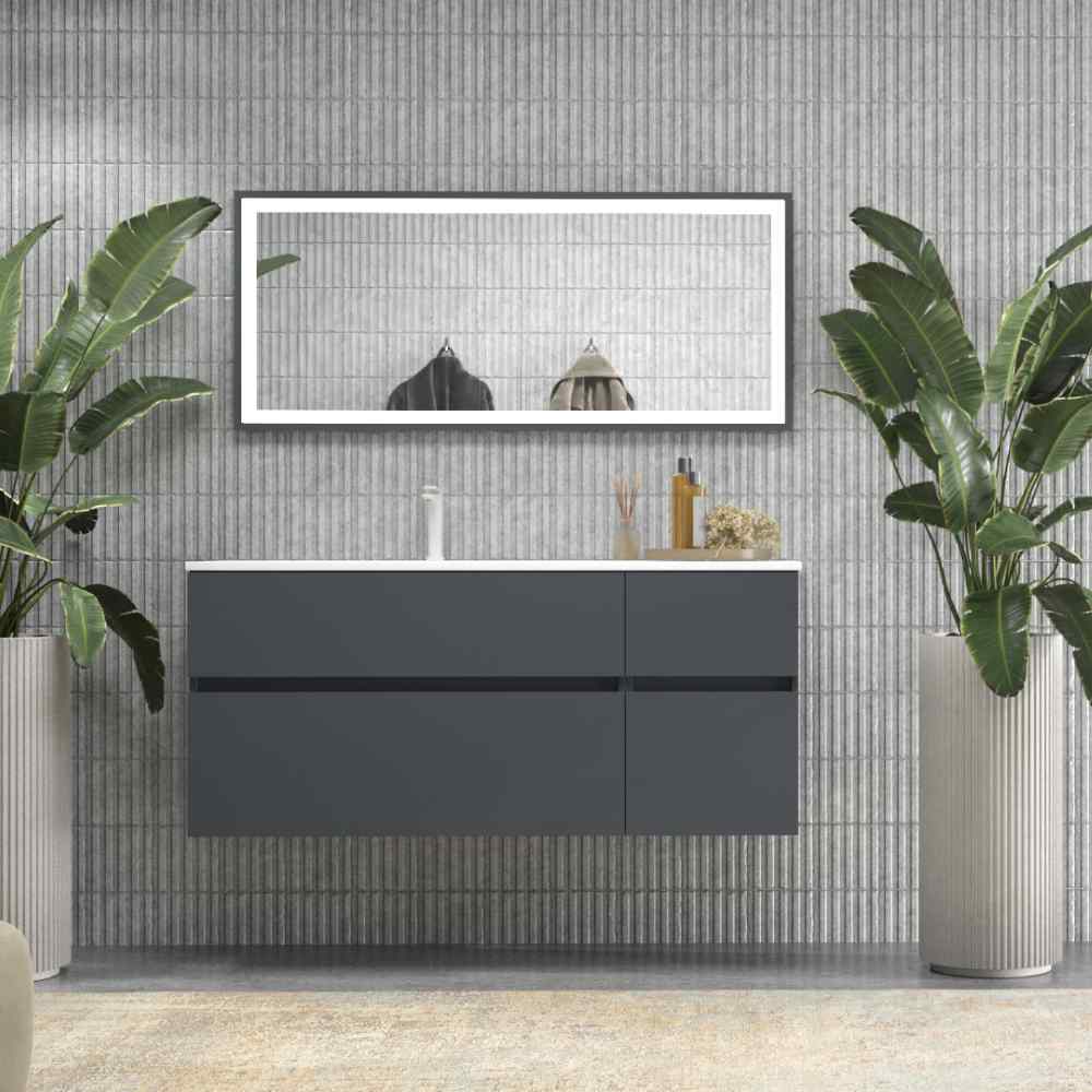 Mueble de baño DUNE suspendido 4 cajones con encimera SOLID SURFACE 2 senos Gris Grafito