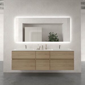 Mueble de baño suspendido DUNE  6 cajones  ROBLE ULLOA con encimera SOLID SURFACE 2 senos  acabado Blanco