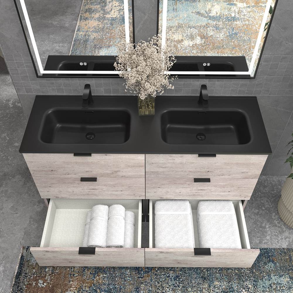 Mueble de baño con patas 6 cajones LUXOR HORMIGON con encimera porcelana NEGRO - Imagen 4