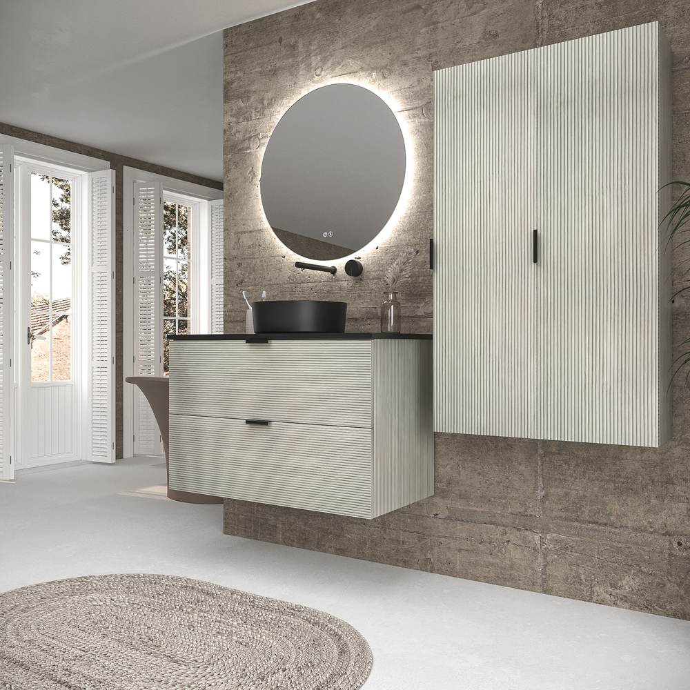 Mueble de baño suspendido 2 cajones ADAM con tapa acabado POLAR - Lavabo porcelana sobre encimera OSIRIS negro - Imagen 5