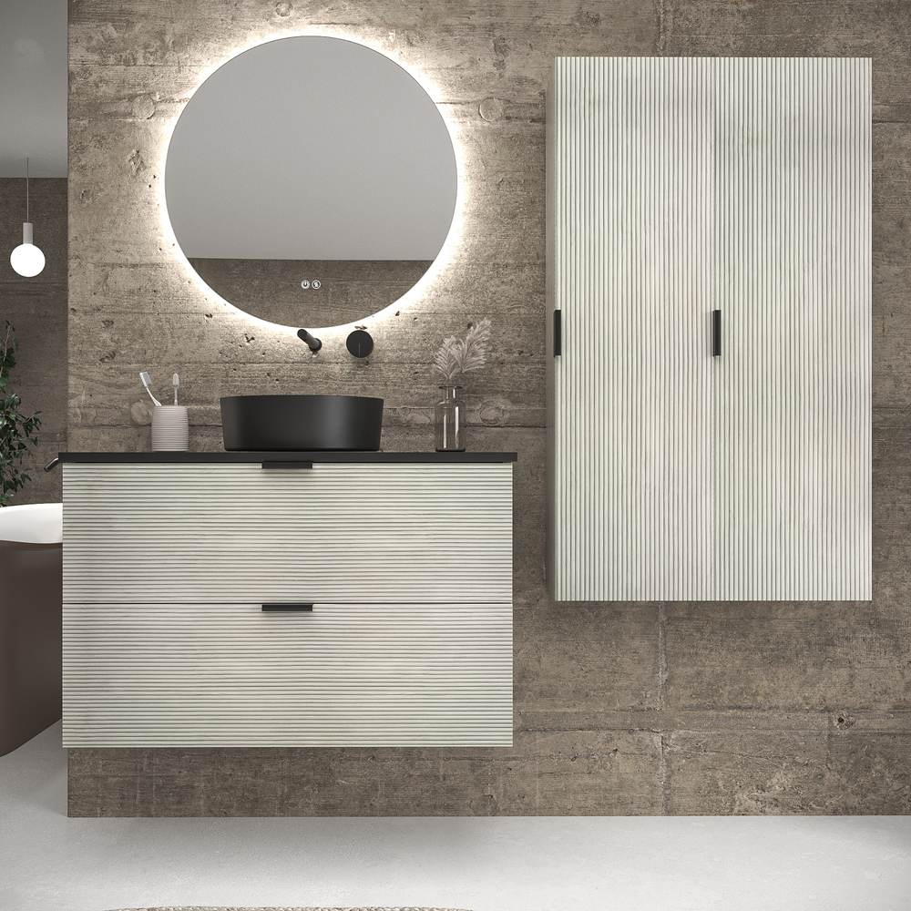 Mueble de baño suspendido 2 cajones ADAM con tapa acabado POLAR - Lavabo porcelana sobre encimera OSIRIS negro