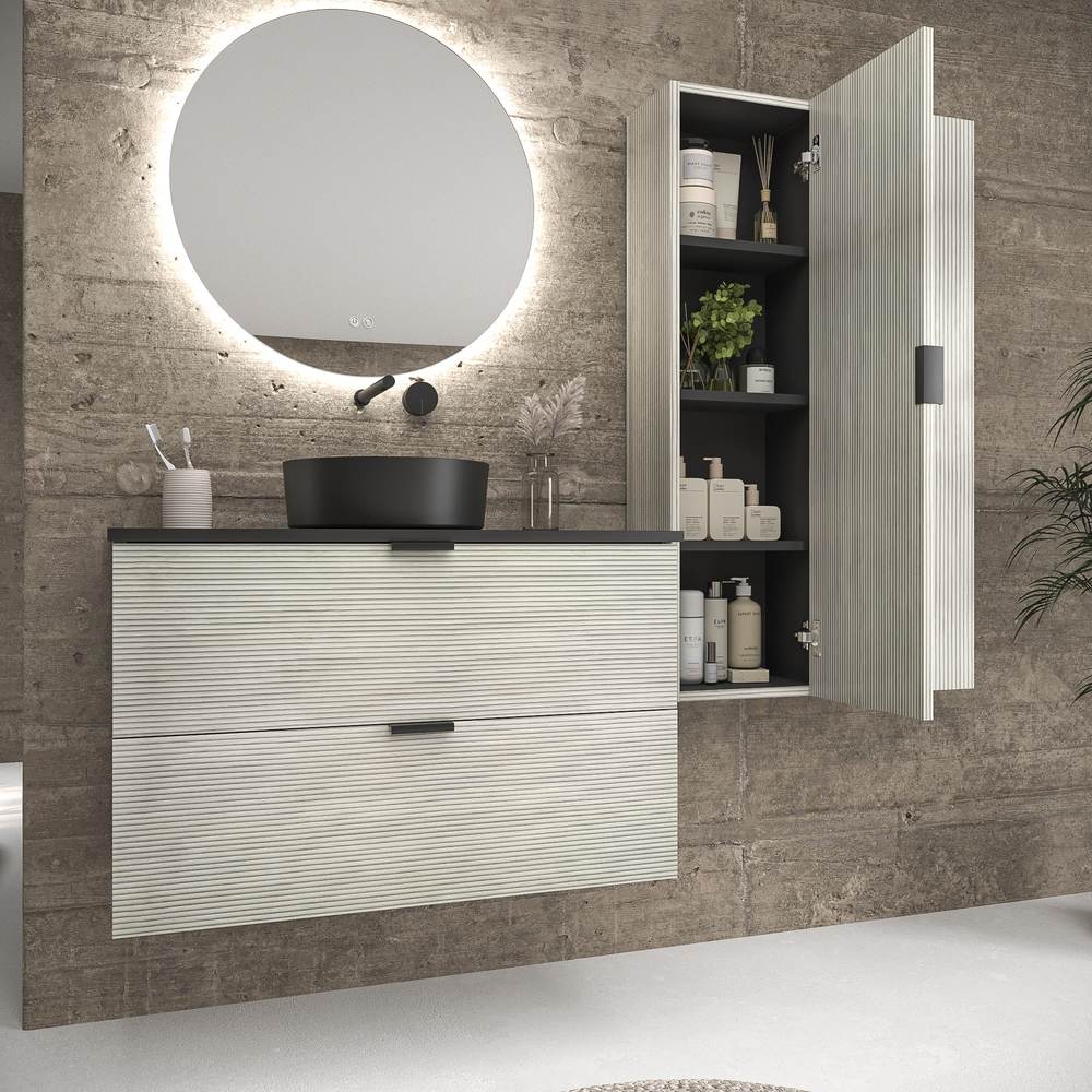 Mueble de baño suspendido 2 cajones ADAM con tapa acabado POLAR - Lavabo porcelana sobre encimera OSIRIS negro - Imagen 4