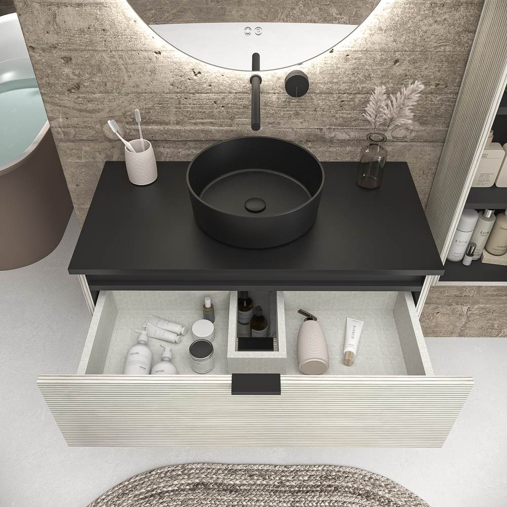 Mueble de baño suspendido 2 cajones ADAM con tapa acabado POLAR - Lavabo porcelana sobre encimera OSIRIS negro - Imagen 3