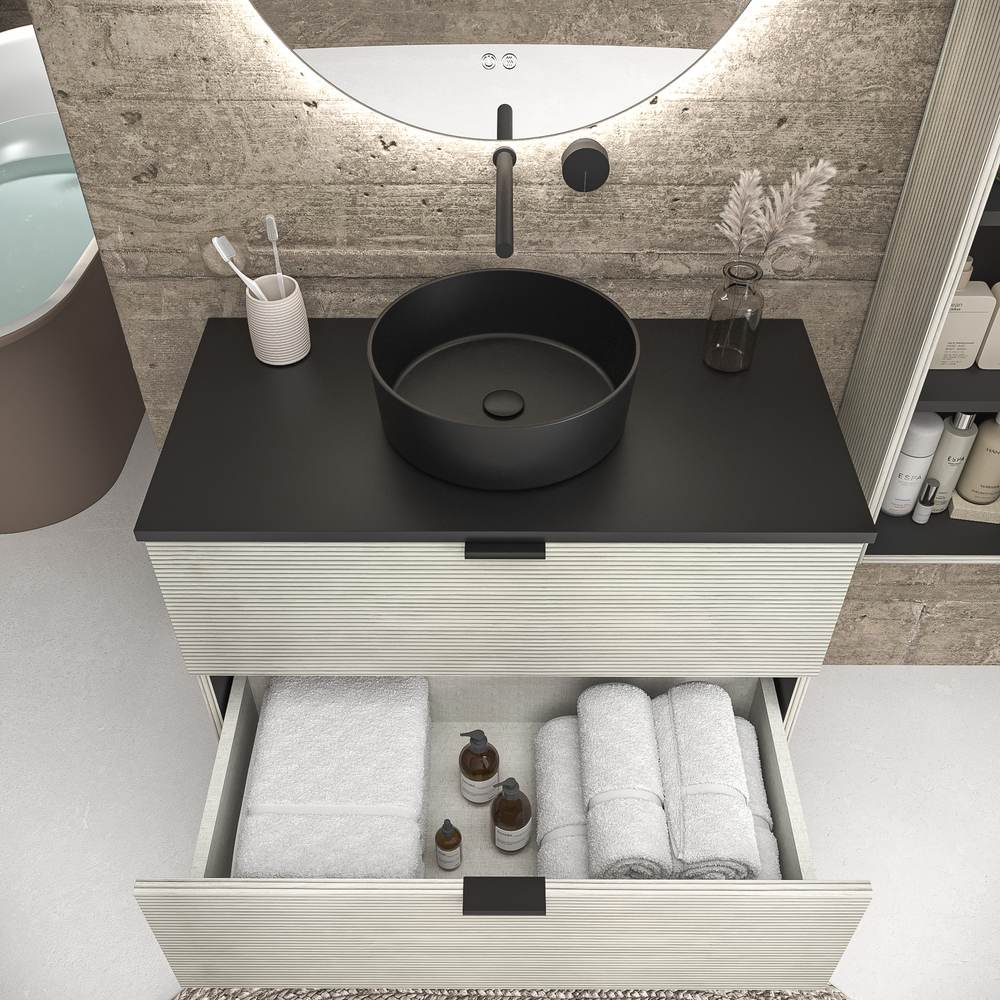 Mueble de baño suspendido 2 cajones ADAM con tapa acabado POLAR - Lavabo porcelana sobre encimera OSIRIS negro - Imagen 2