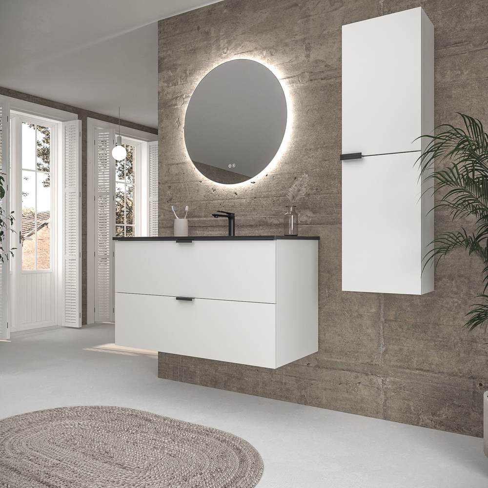 Mueble de baño suspendido 2 cajones ADAM acabado BLANCO con lavabo porcelana NEGRO - Imagen 6