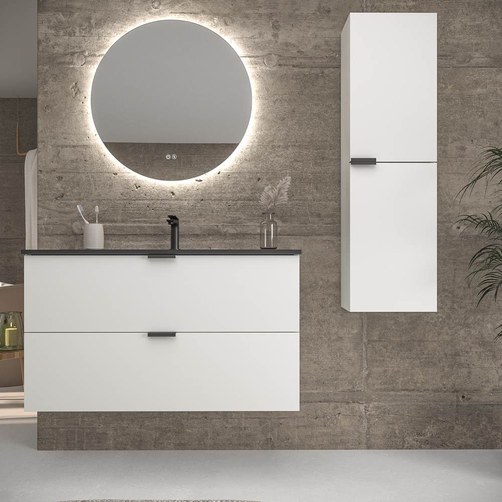 Mueble de baño suspendido 2 cajones ADAM acabado BLANCO con lavabo porcelana NEGRO