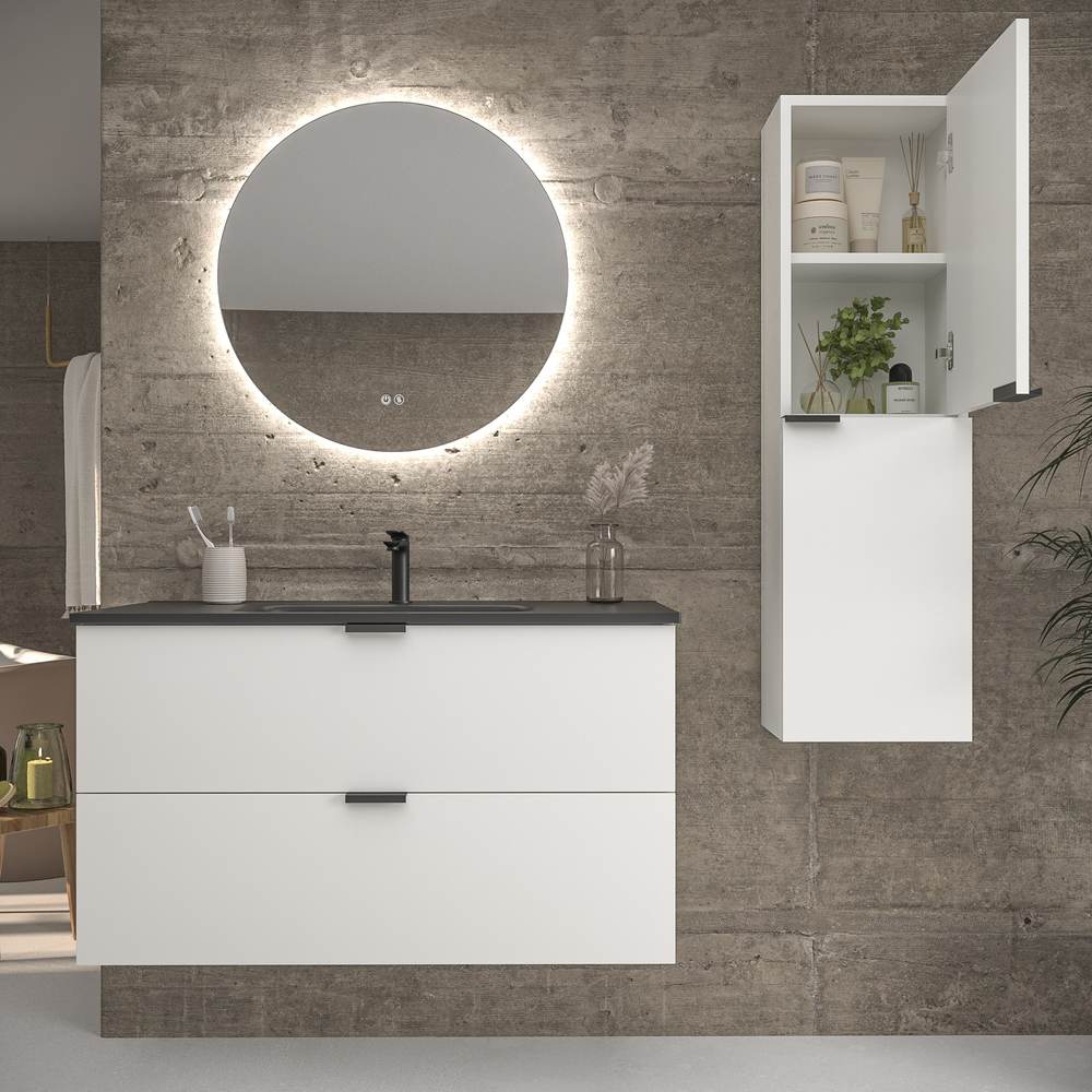 Mueble de baño suspendido 2 cajones ADAM acabado BLANCO con lavabo porcelana NEGRO - Imagen 5