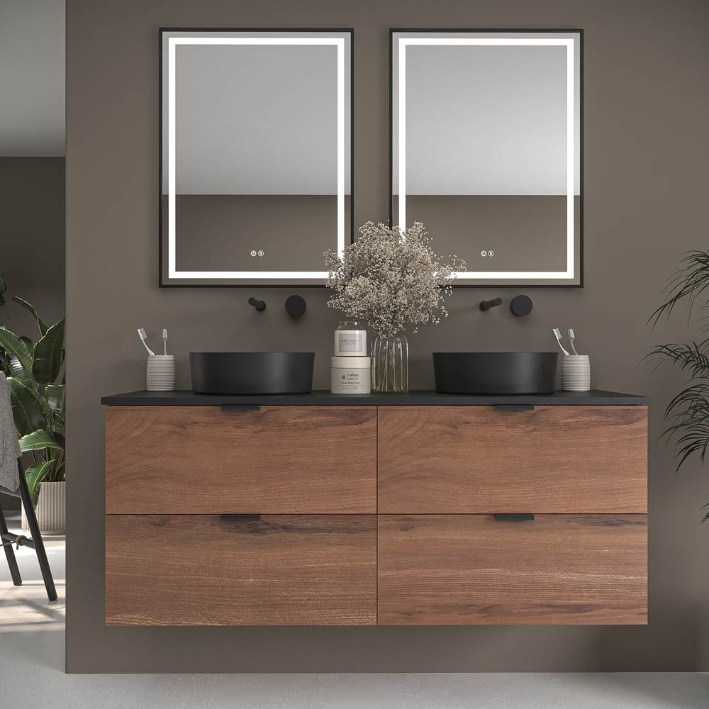 Mueble de baño suspendido 4 cajones ADAM con tapa acabado OLMO - Lavabo porcelana sobre encimera OSIRIS negro