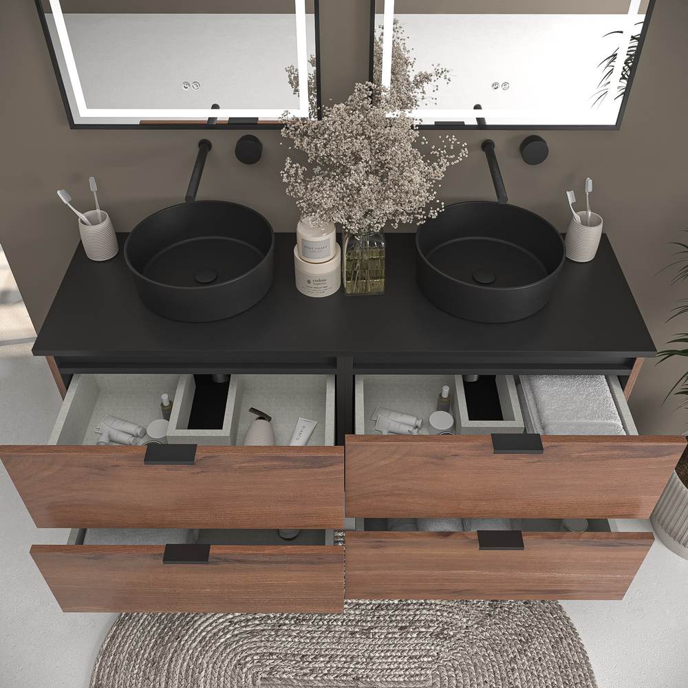 Mueble de baño suspendido 4 cajones ADAM con tapa acabado OLMO - Lavabo porcelana sobre encimera OSIRIS negro - Imagen 2