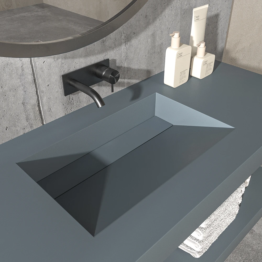 Lavabo suspendido a medida CUTE un seno centrado SOLID SURFACE Gris azulado Ral 7031