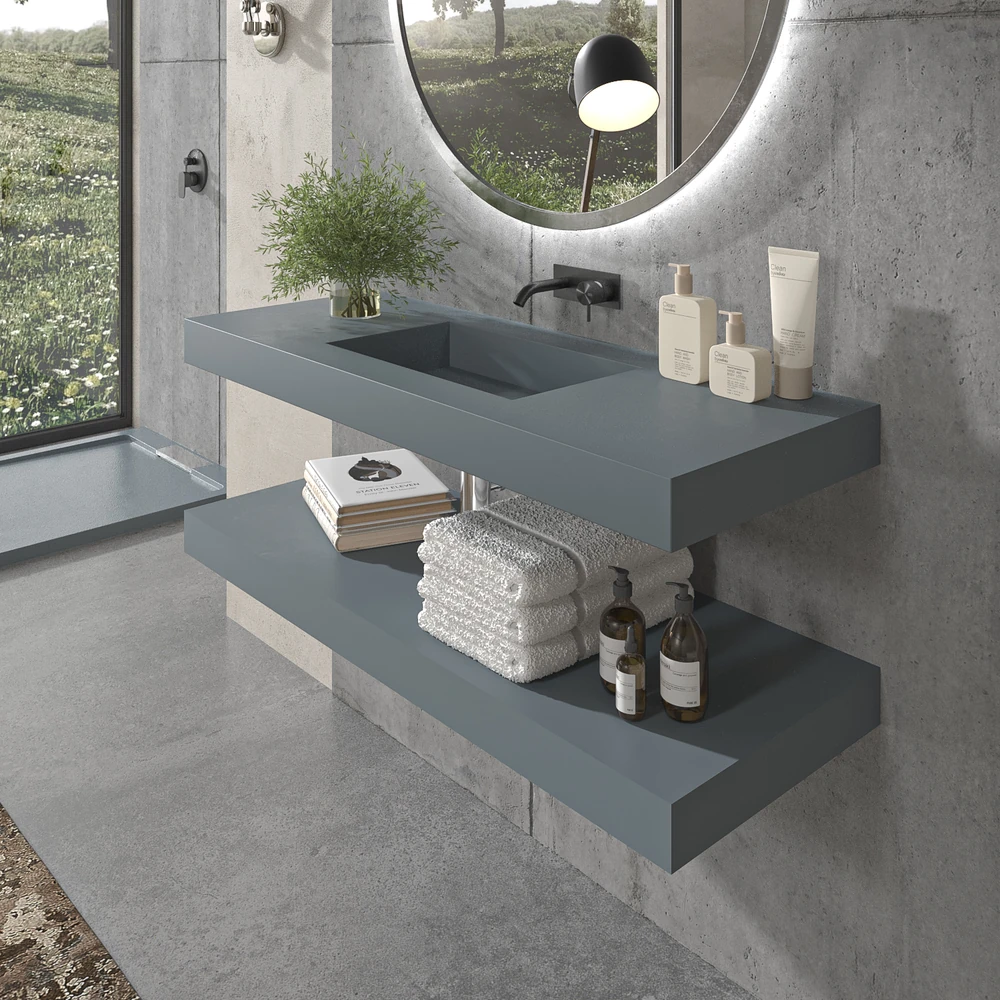 Lavabo suspendido a medida CUTE un seno centrado SOLID SURFACE Gris azulado Ral 7031 - Imagen 3