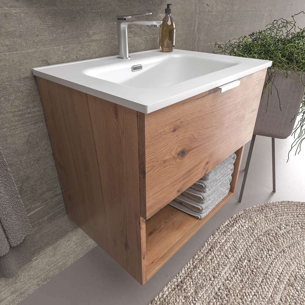 Mueble de baño suspendido 1 cajón- 1 hueco MIREIA MOHAVE con lavabo porcelana BLANCO - Imagen 4