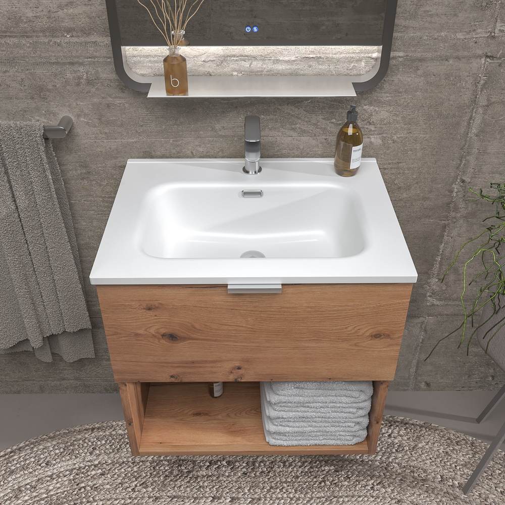 Mueble de baño suspendido 1 cajón- 1 hueco MIREIA MOHAVE con lavabo porcelana BLANCO - Imagen 3