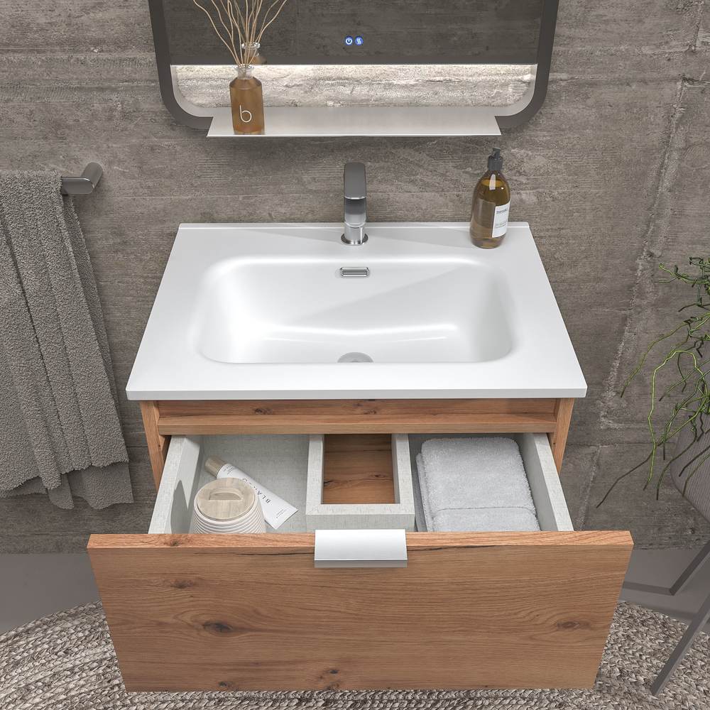 Mueble de baño suspendido 1 cajón- 1 hueco MIREIA MOHAVE con lavabo porcelana BLANCO - Imagen 2