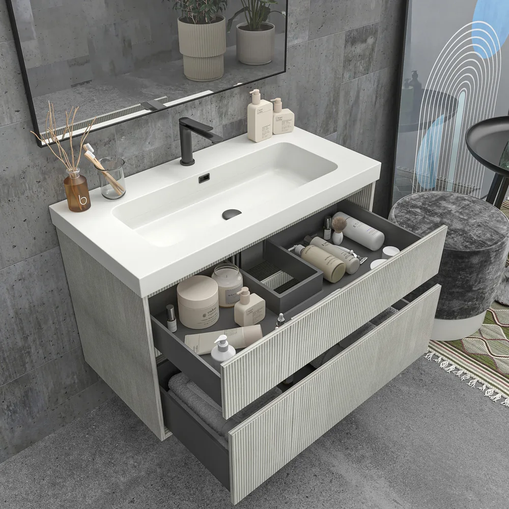 Mueble de baño suspendido 2 cajones YOKO Polar con lavabo resina Blanco - Imagen 4