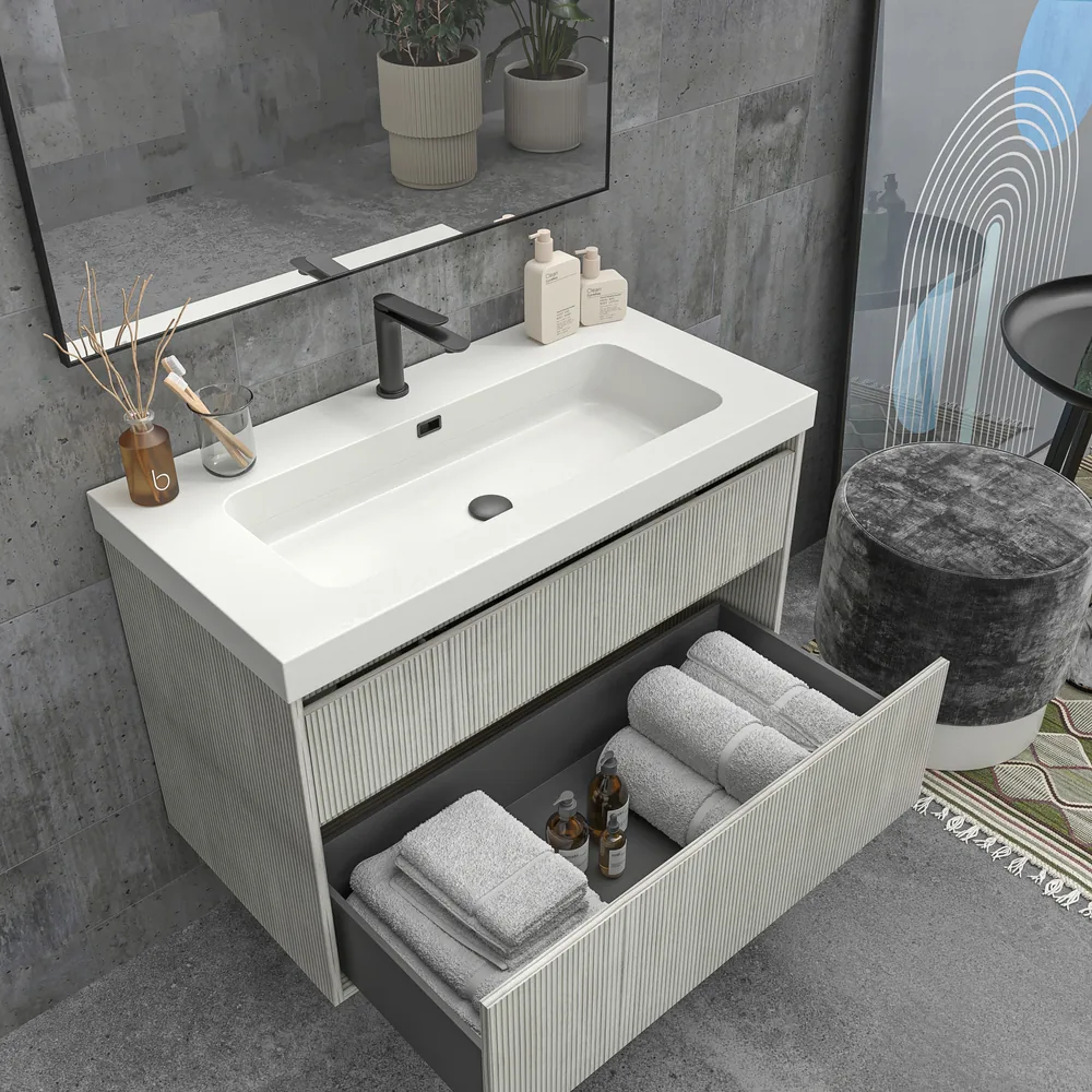 Mueble de baño suspendido 2 cajones YOKO Polar con lavabo resina Blanco - Imagen 2