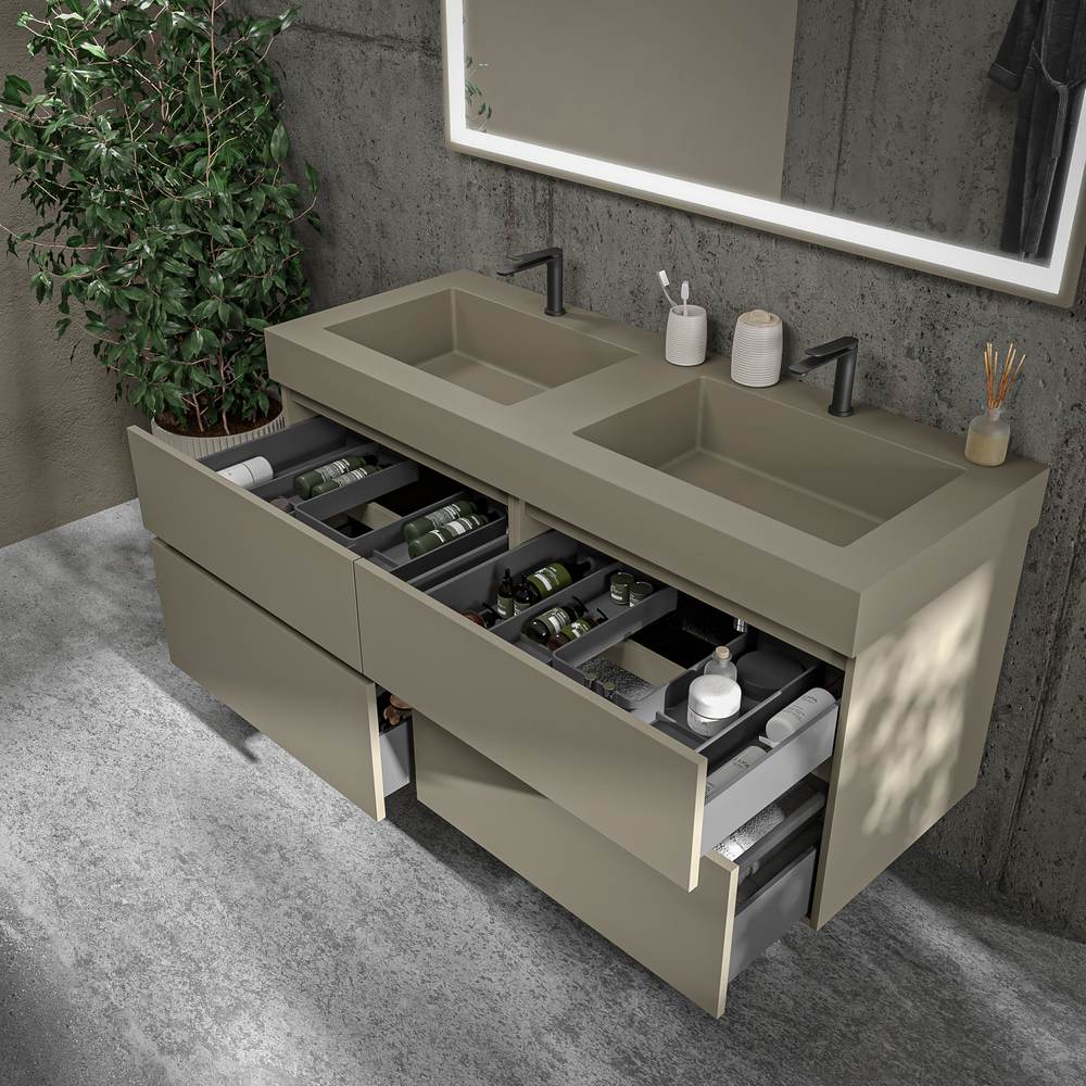 Mueble de baño DUNE suspendido 4 cajones con encimera SOLID SURFACE 2 senos Gris Pálido - Imagen 4