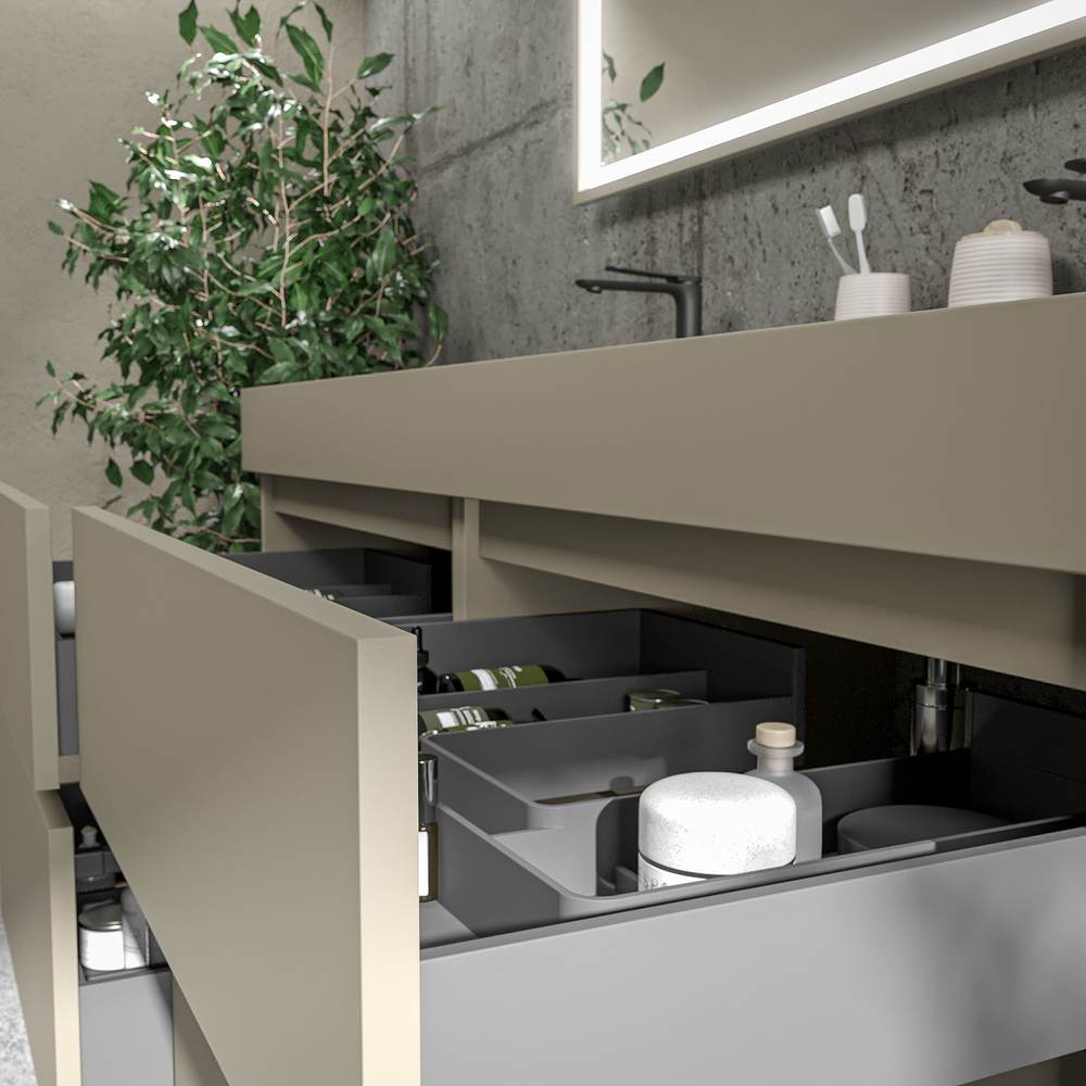 Mueble de baño DUNE suspendido 4 cajones con encimera SOLID SURFACE 2 senos Gris Pálido - Imagen 3