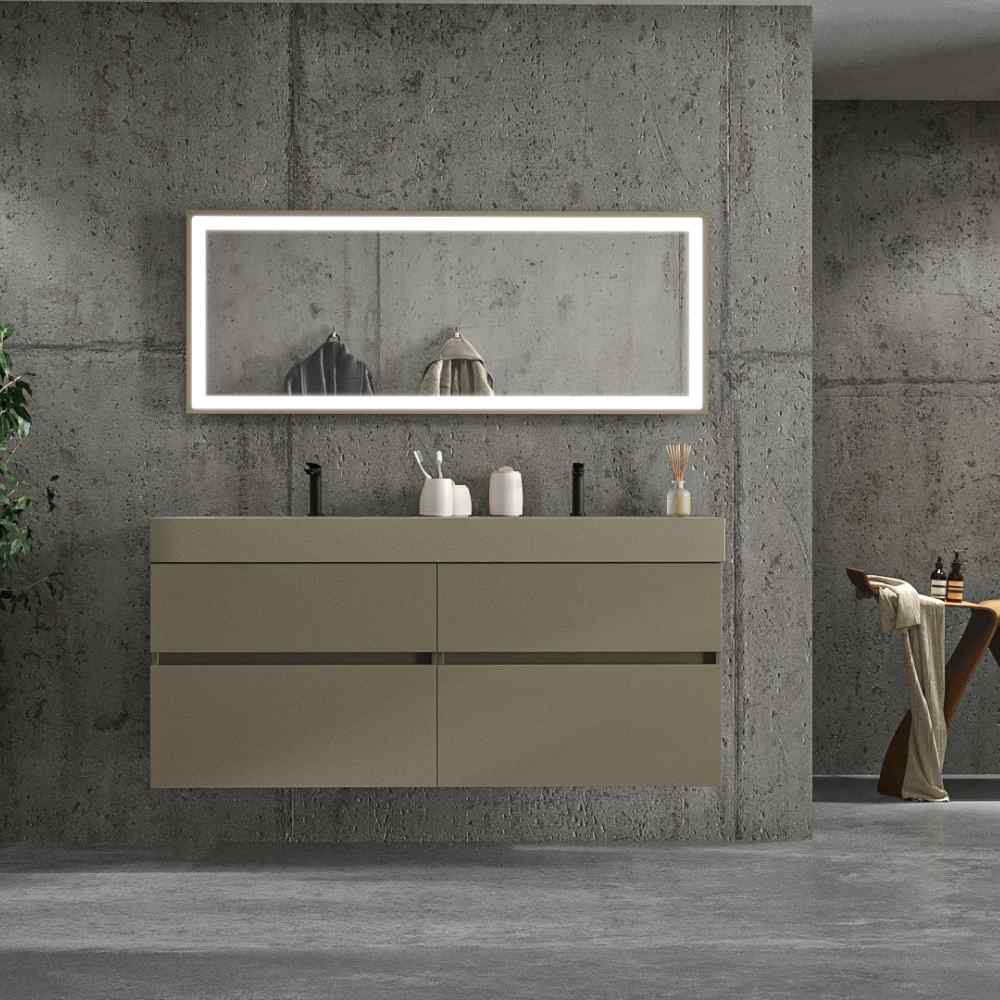 Mueble de baño DUNE suspendido 4 cajones con encimera SOLID SURFACE 2 senos Gris Pálido