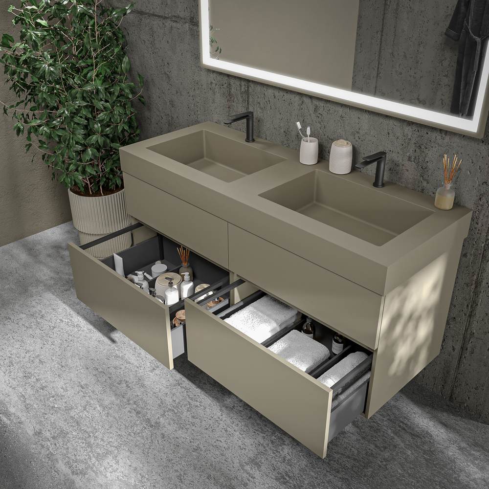 Mueble de baño DUNE suspendido 4 cajones con encimera SOLID SURFACE 2 senos Gris Pálido - Imagen 5