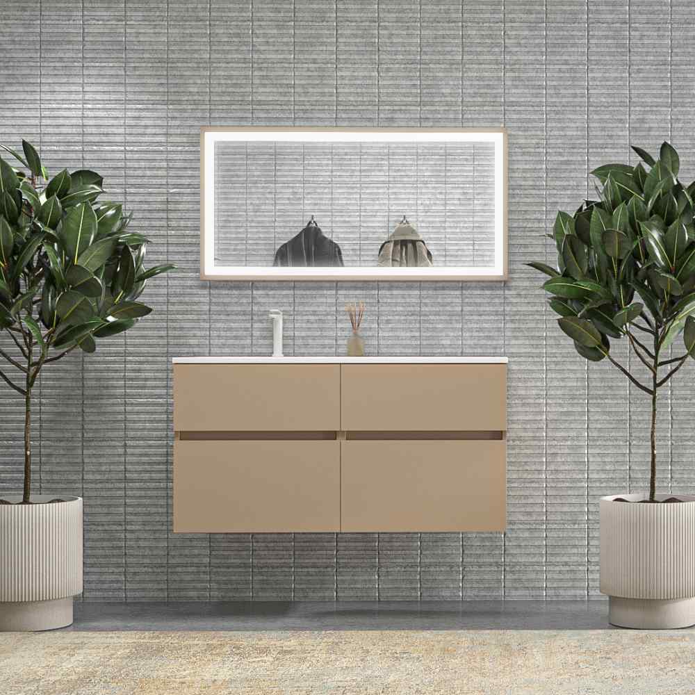 Mueble de baño DUNE suspendido 4 cajones con encimera SOLID SURFACE 2 senos Moka