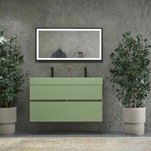 Mueble de baño DUNE suspendido 4 cajones con encimera SOLID SURFACE 2 senos Verde Pálido