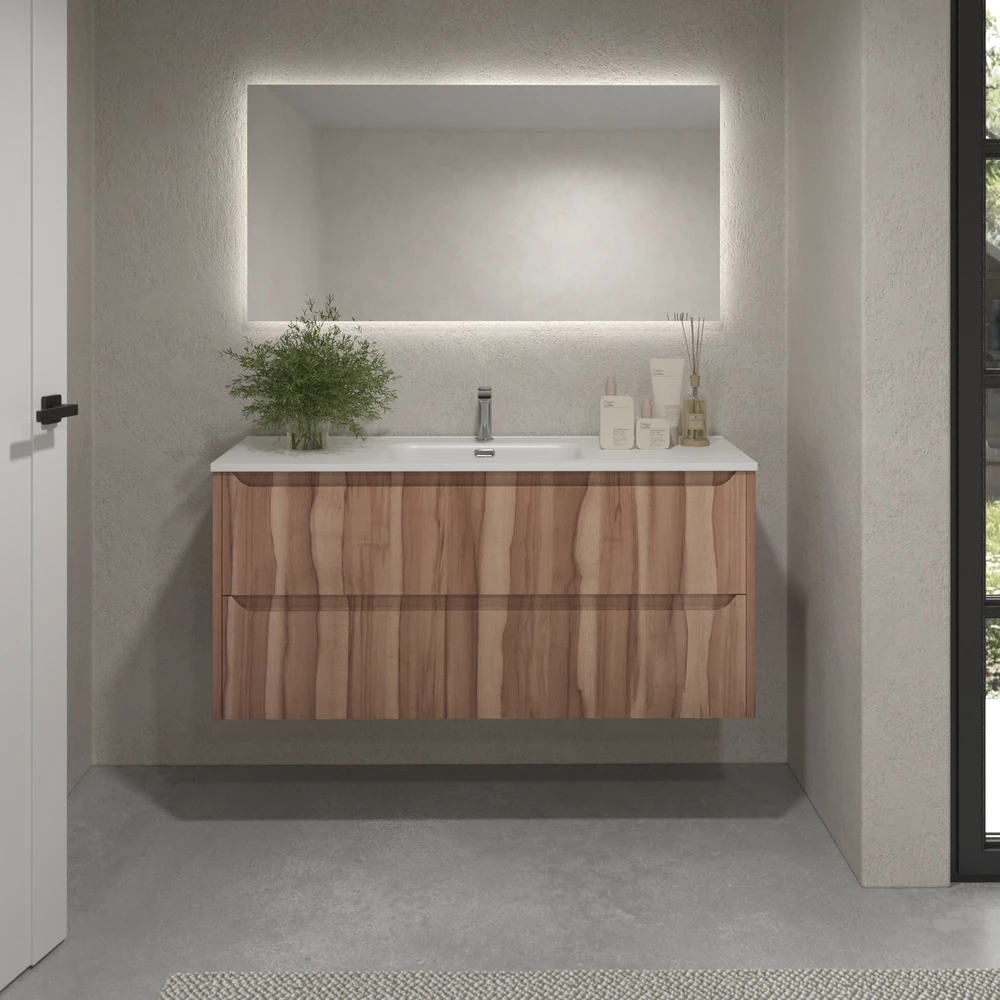 Mueble de baño suspendido 2 cajones TOSCANA con lavabo porcelana acabado OLIVO