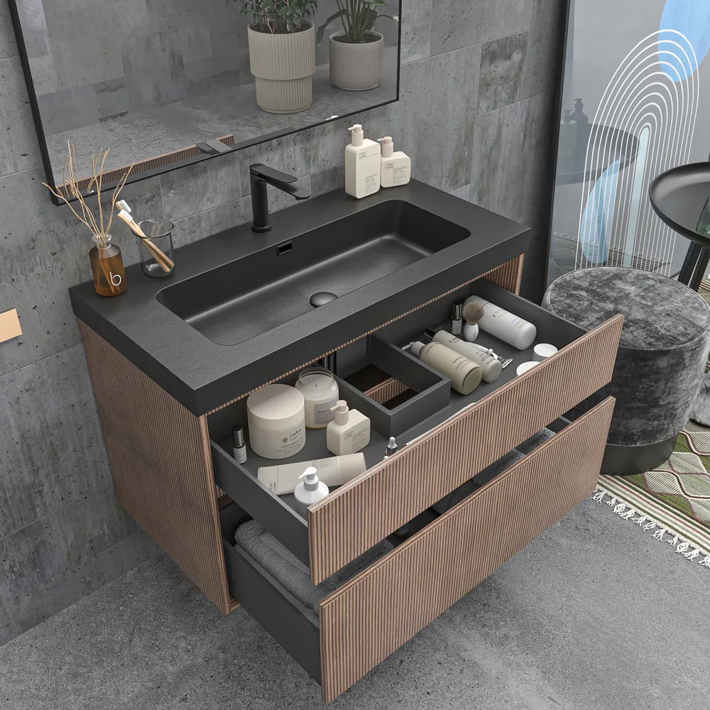 Mueble de baño suspendido 2 cajones YOKO Bastilla con lavabo resina Negro - Imagen 4