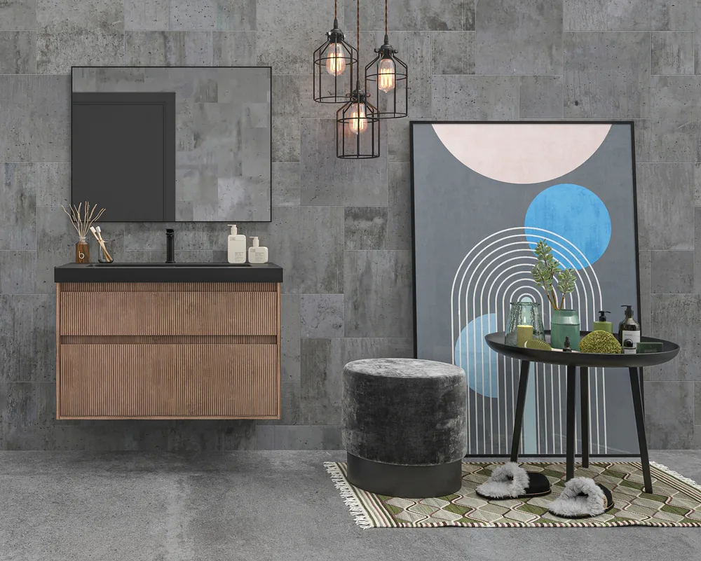 Mueble de baño suspendido 2 cajones YOKO Bastilla con lavabo resina Negro - Imagen 3