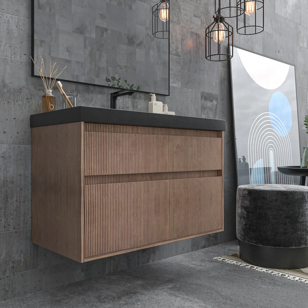 Mueble de baño suspendido 2 cajones YOKO Bastilla con lavabo resina Negro