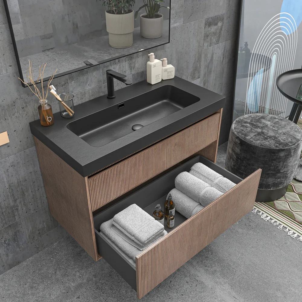 Mueble de baño suspendido 2 cajones YOKO Bastilla con lavabo resina Negro - Imagen 2