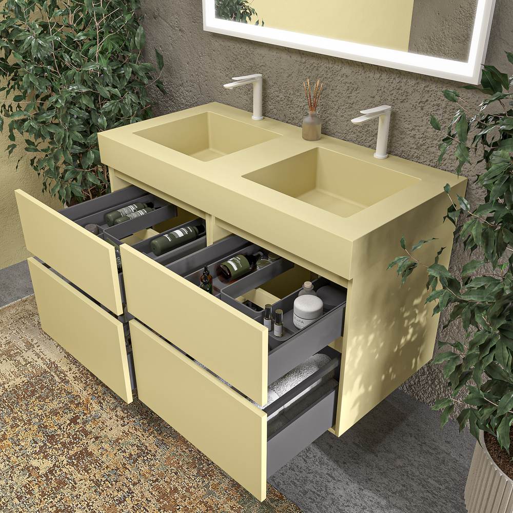 Mueble de baño DUNE suspendido 4 cajones con encimera SOLID SURFACE 2 senos Beige verdoso - Imagen 4