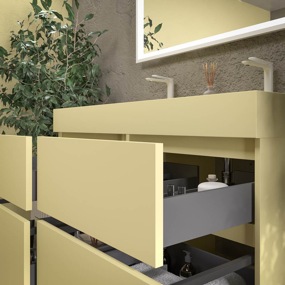 Mueble de baño DUNE suspendido 4 cajones con encimera SOLID SURFACE 2 senos Beige verdoso - Imagen 3