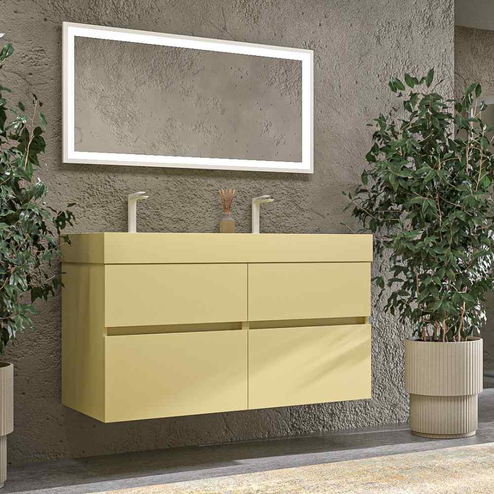 Mueble de baño DUNE suspendido 4 cajones con encimera SOLID SURFACE 2 senos Beige verdoso - Imagen 2