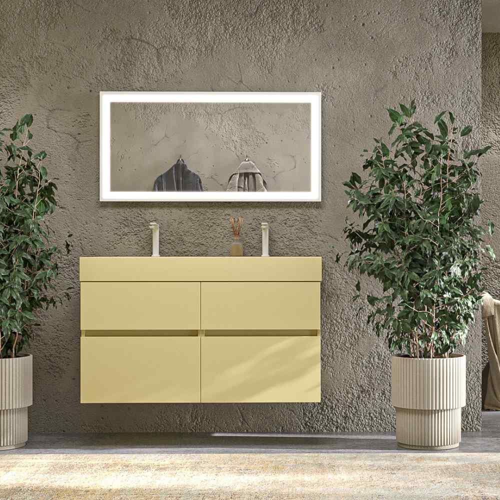 Mueble de baño DUNE suspendido 4 cajones con encimera SOLID SURFACE 2 senos Beige verdoso