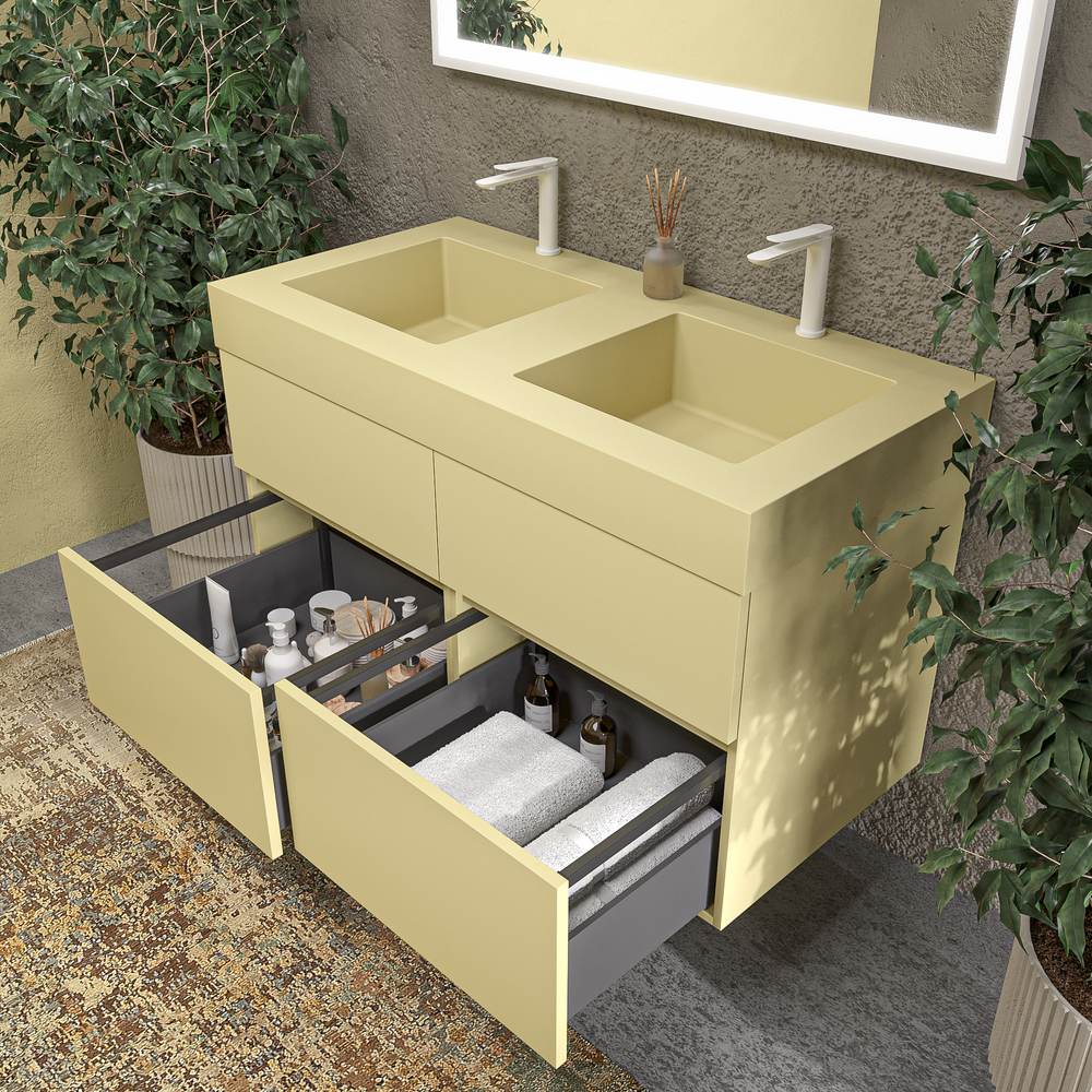 Mueble de baño DUNE suspendido 4 cajones con encimera SOLID SURFACE 2 senos Beige verdoso - Imagen 5