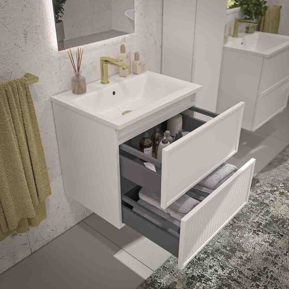 Mueble de baño suspendido 2 cajones BUDGET con lavabo Solid Surface BLANCO - Imagen 2
