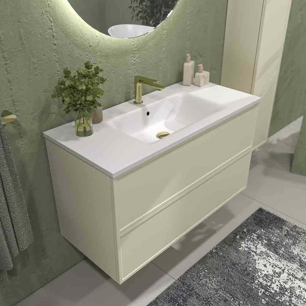 Mueble de baño suspendido 2 cajones BUDGET con lavabo Solid Surface CREMA - Imagen 3