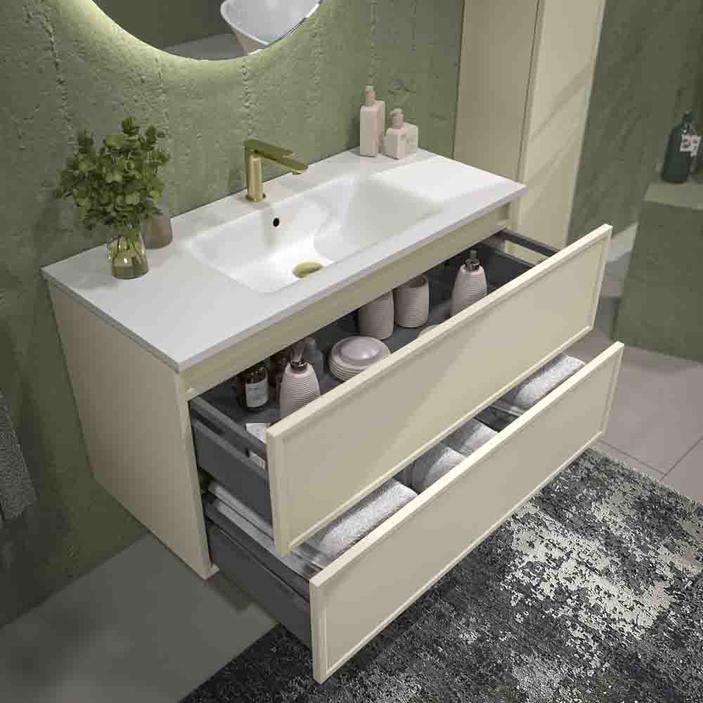Mueble de baño suspendido 2 cajones BUDGET con lavabo Solid Surface CREMA - Imagen 2