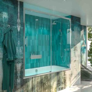 Mampara de bañera FLARE frontal 1 fijo - 1 puerta corredera CROMO BRILLO