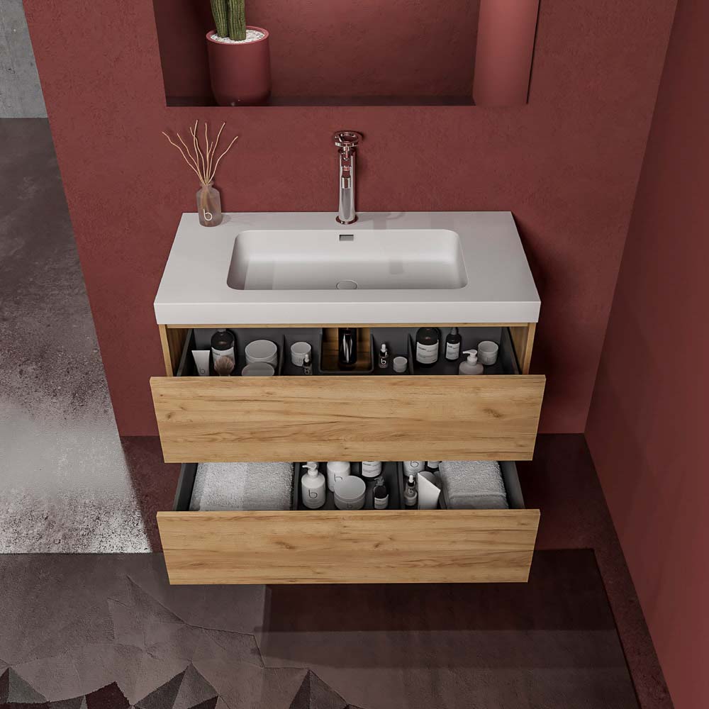Mueble de baño suspendido 2 cajones CARMEN con lavabo resina acabado ROBLE CLARO - Imagen 2