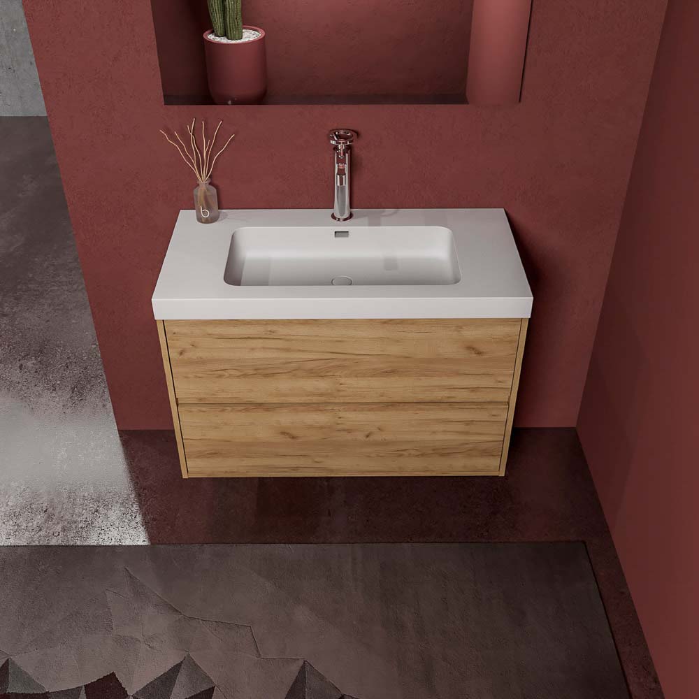 Mueble de baño suspendido 2 cajones CARMEN con lavabo resina acabado ROBLE CLARO - Imagen 3
