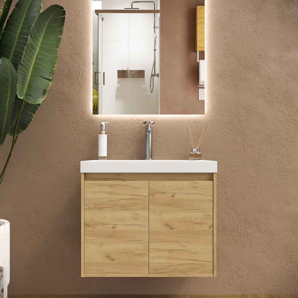 Mueble suspendido 2 puertas CARMEN con lavabo resina acabado ROBLE CLARO