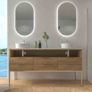 Mueble de baño ELLA con patas 6 cajones - 1 hueco con tapa SOLID SURFACE 2 lavabos ROBLE CLARO