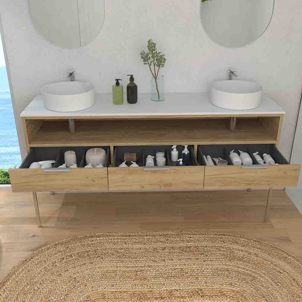 Mueble de baño ELLA con patas 6 cajones - 1 hueco con tapa SOLID SURFACE 2 lavabos ROBLE CLARO - Imagen 4